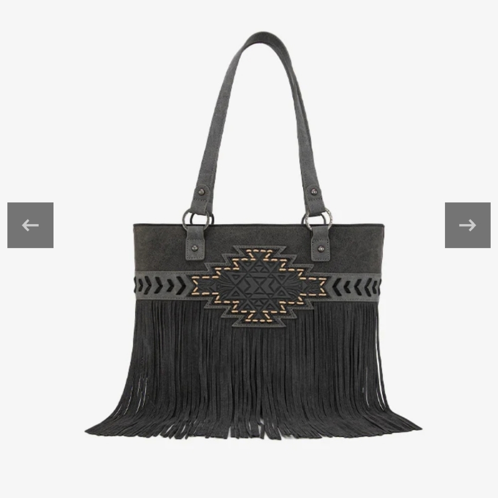 Trinty Ranch Tooled Fringe Black Leather Carry Tote Bag NWT